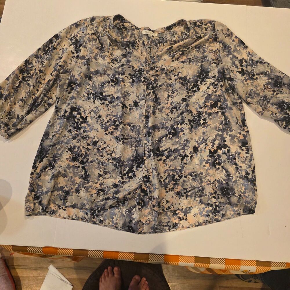 3X Abstract Watercolor Print Blouse Long Sleeve Artsy Eclectic Statement Top